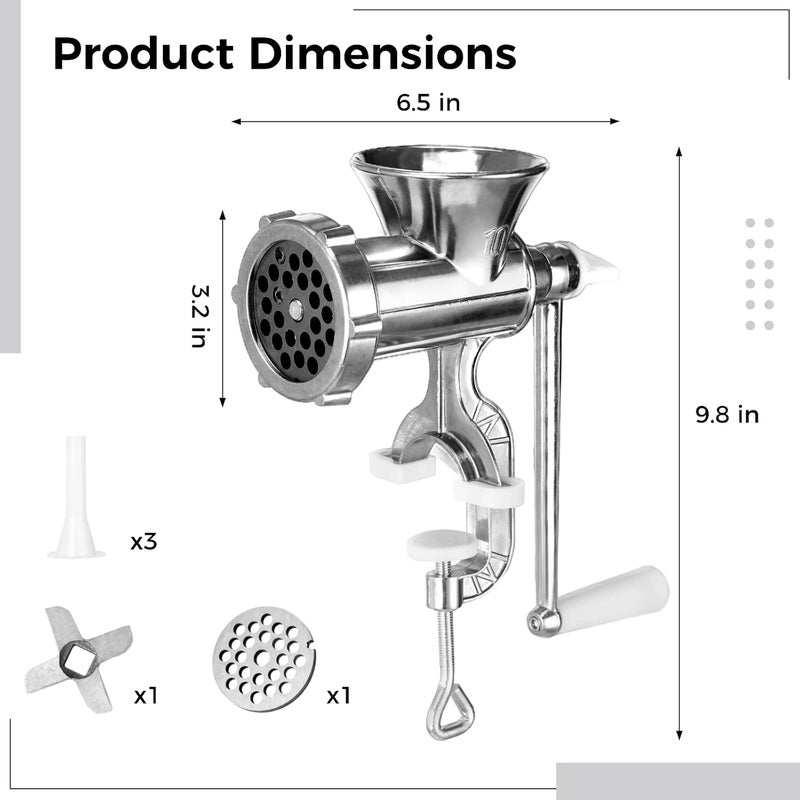 TIMCORR Manual Meat Grinder,304 Stainless Steel Hand Meat Grinder for Home Use, Food Grinder Manual Mincer Hand Crank with 3 Sausage Funnels, Hand Operated Kitchen Tool for Pork, Chili, and Sausage, Silver - Image 5